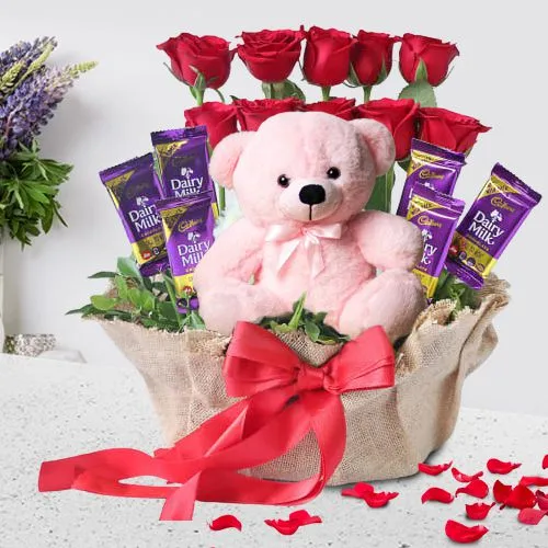 TIED RIBBONS Valentine Gift for Girlfriend - Love Gift Pack (Gold Plated  Rose with Red Scented Rose Flowers , Teddy , Small Trophy and Dairy Milk  Chocolates) Assorted Gift Box Price in