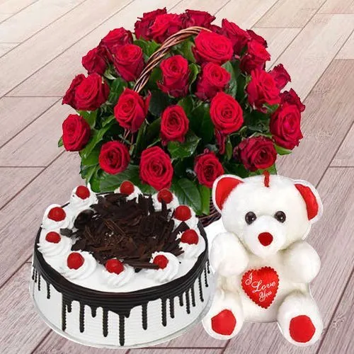 Cake + Flower Bouquet + TeddyBear Combo - Cake Carnival| Online Cake |  Fruits | Flowers and gifts delivery