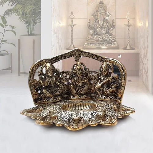 Deliver Metallic Diya with Ganesh, Lakshmi N Saraswati Idol 